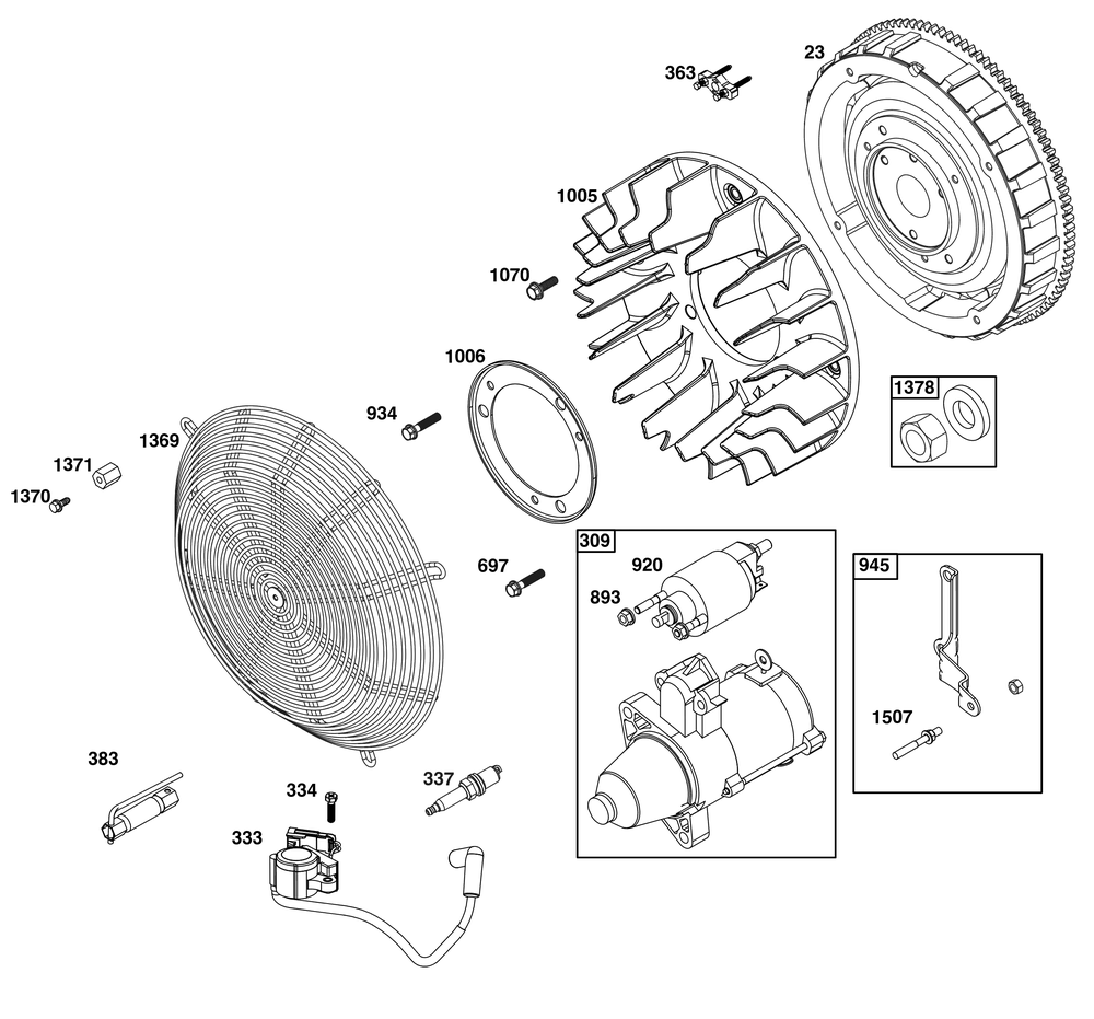 Flywheel, Ignition, And Starter Group Diagram and Parts List for 61E477-0015-J1 400000 - 699999 Briggs and Stratton Engine